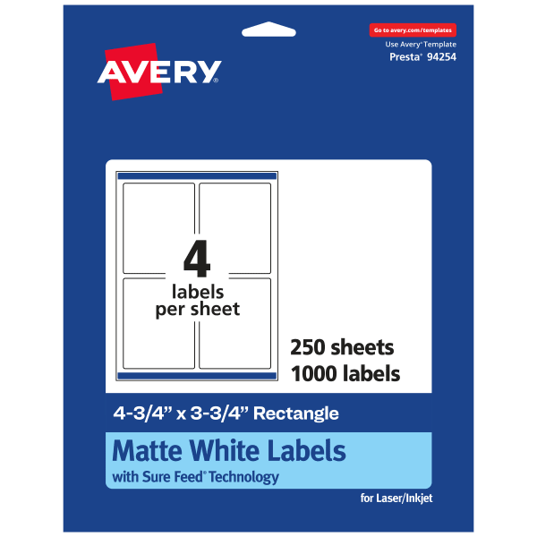 Avery Permanent Labels With Sure Feed, 94254-WMP250, Rectangle, 4-3/4in x 3-3/4in, White, Pack Of 1,000