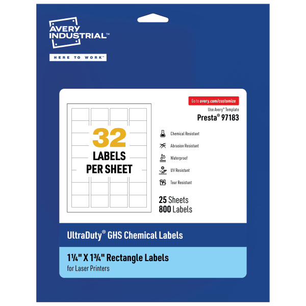 Avery Ultra Duty Permanent GHS Chemical Labels, 97183-WMU25, Rectangle, 1-1/4in x 1-3/4in, White, Pack Of 800