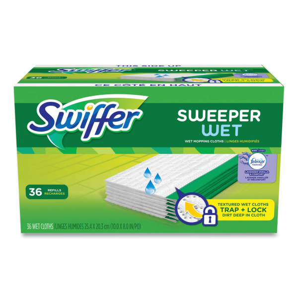 Swiffer Wet Refill Cloths, 10in x 8in, Lavender Vanilla And Comfort, White, Carton Of 36 Cloths