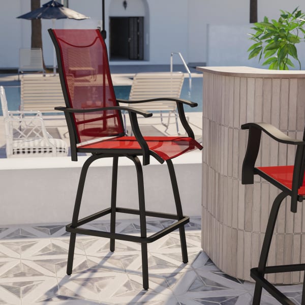 Flash Furniture Valerie All-Weather Steel/Textilene Bar Height Swivel Patio Stools, Red, Set Of 2 Stools