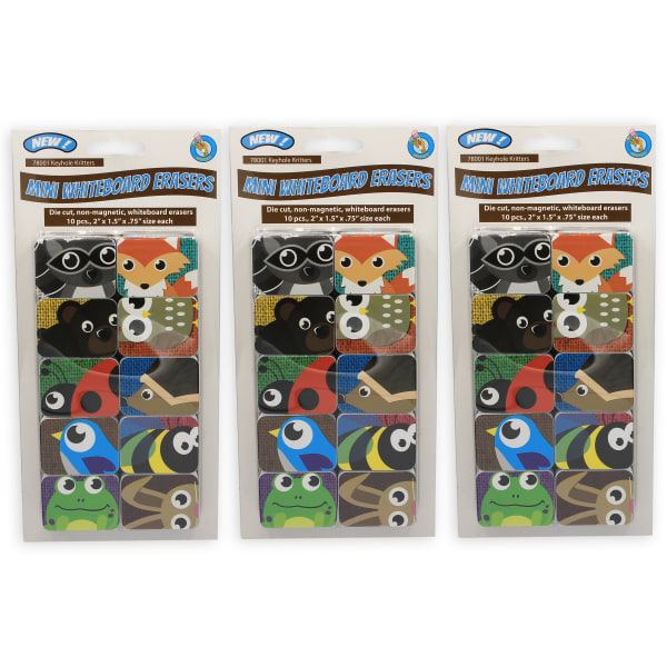 Ashley Productions Non-Magnetic Mini Whiteboard Erasers, Keyhole Kritters, 10 Per Pack, Set Of 3 Packs