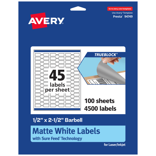 Avery TrueBlock Labels With Sure Feed, 94749-TWMP100, Barbell, 1/2in x 2-1/2in, Matte White, Pack Of 4500