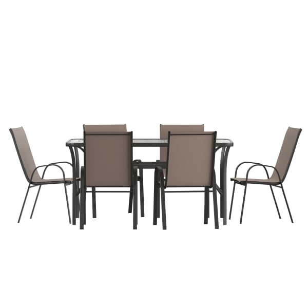 Flash Furniture Brazos 7 Piece Commercial Grade Patio Dining Set with Tempered Glass Patio Table and 6 Chairs with Flex Comfort Material Seats and Backs, Brown