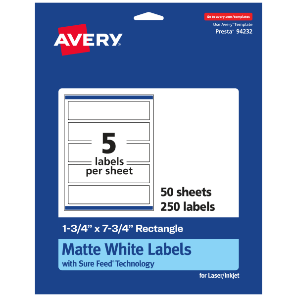 Avery Permanent Labels With Sure Feed, 94232-WMP50, Rectangle, 1-3/4in x 7-3/4in, White, Pack Of 250
