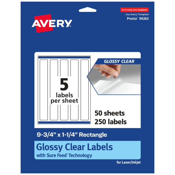 Avery Glossy Permanent Labels With Sure Feed, 94262-CGF50, Rectangle, 9-3/4in x 1-1/4in, Clear, Pack Of 250