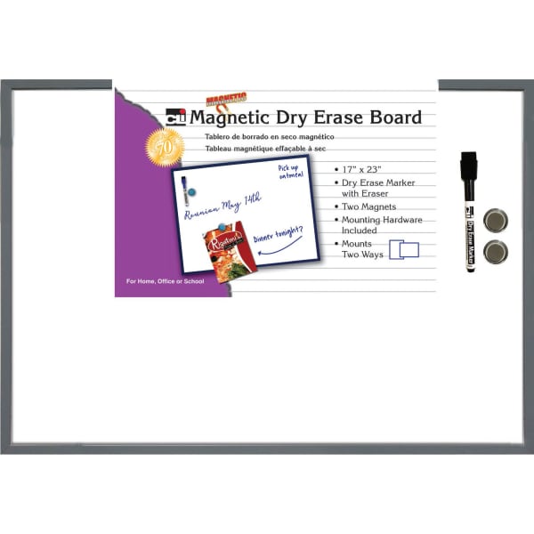 Charles Leonard Magnetic Dry-Erase Board, 17in x 23in, White, Gray Plastic Frame