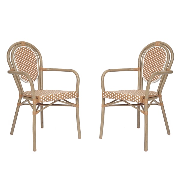 Flash Furniture 2 Pack Lourdes Indoor/Outdoor Commercial Thonet Bistro Stacking Chair with Arms, PE Rattan and Aluminum Frame, Natural & White/Light Natural Frame