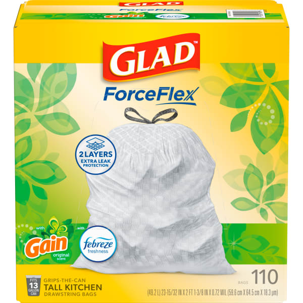Glad ForceFlex Tall Kitchen Drawstring Trash Bags, 13 Gallon, Gain Original with Febreze Freshness, 110 Count