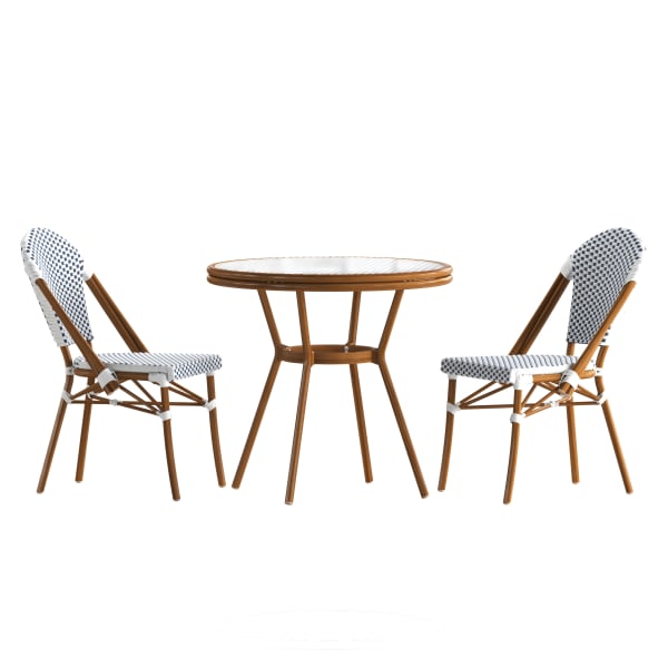 Flash Furniture Lourdes Indoor/Outdoor Commercial Bistro 31.5in Table, PE Rattan, Glass Top with 2 Stack Chairs, White & Navy Rattan/Natural Frame