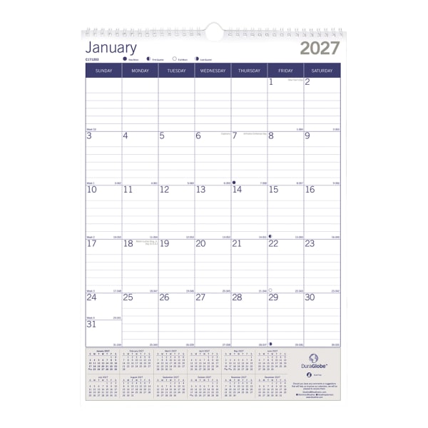 2027 Blueline DuraGlobe Monthly Wall Calendar, 12in x 17in, Blue/White, January To December, C171203, Total Qty 1