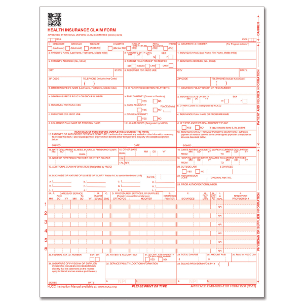ComplyRight CMS-1500 Health Insurance Claim Form (02/12), Laser-Cut Sheet, 8 1/2in x 11in, White, Case of 2,500