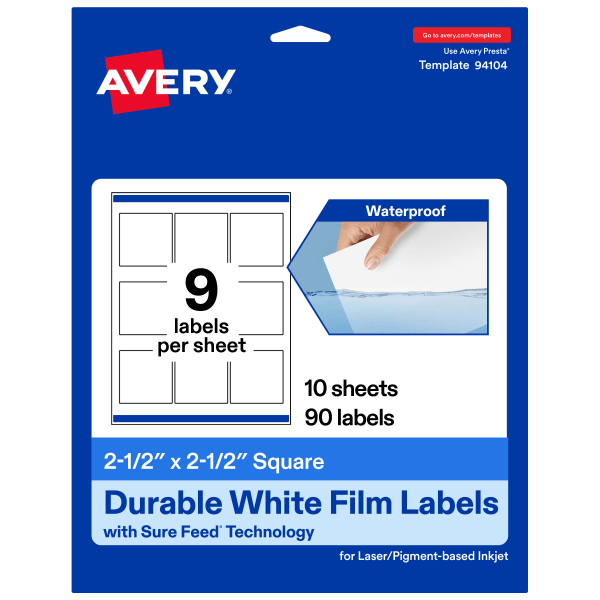 Avery Waterproof Permanent Labels With Sure Feed, 94104-WMF10, Square, 2-1/2in x 2-1/2in, White, Pack Of 90