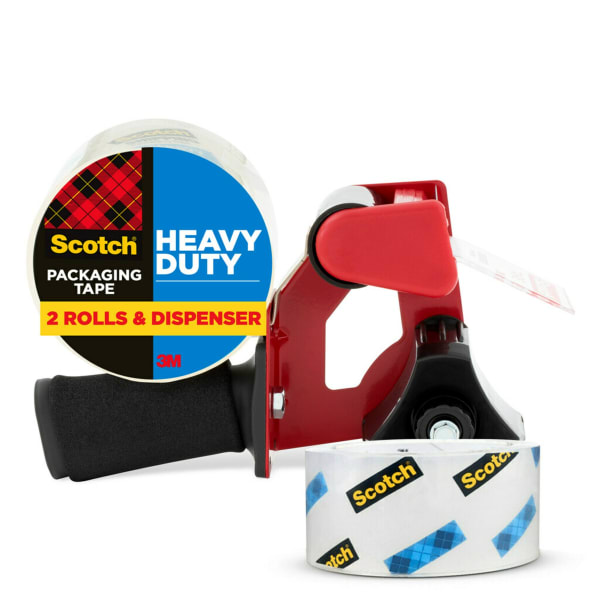 Scotch Heavy Duty Shipping Packing Tape, 2 Tape Rolls with 1 Dispenser, 1 7/8 in x 54.6 yd, 3in Core, Designed for Packing, Shipping and Mailing, Guaranteed to Stay Sealed, Clear