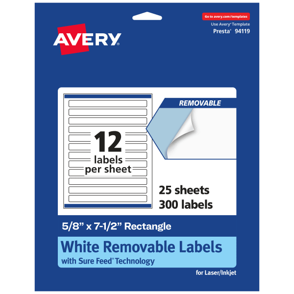 Avery Removable Labels With Sure Feed, 94119-RMP25, Rectangle, 5/8in x 7-1/2in, White, Pack Of 300 Labels