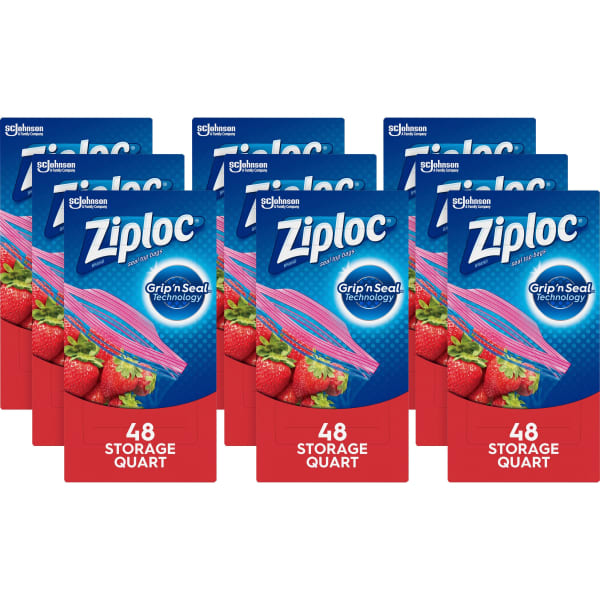 Ziploc Quart Storage Seal Top Bags, Medium Size, 7-1/2in x 7in, Clear, 48 Bags Per Box, Carton Of 9 Boxes
