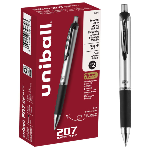 uni-ball RT Gel Pens, 207 Impact, Bold Point, 1.0 mm, Gray Barrel, Black Ink, Pack Of 12