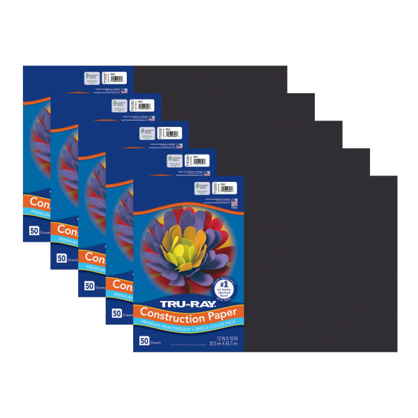 Tru-Ray Construction Paper, Heavyweight, 12in x 18in, Black, 50 Sheets Per Pack, Set Of 5 Packs