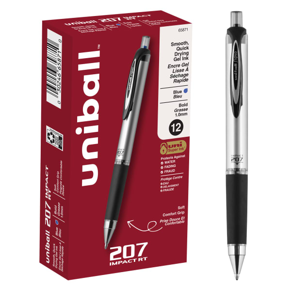 uni-ball RT Gel Pens, 207 Impact, Bold Point, 1.0 mm, Gray Barrel, Blue Ink, Pack Of 12