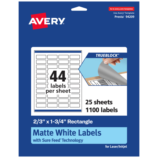 Avery Print-To-The-Edge TrueBlock Labels With Sure Feed, 94209-TWMP25, Rectangle, 2/3in x 1-3/4in, Matte White, Pack Of 1100