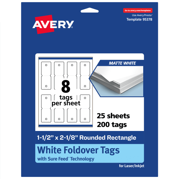 Avery Print-To-The-Edge Foldover Tags With Sure Feed Technology, 1-1/2inx2-1/8in Rectangle Rounded, Matte White, Pack Of 200