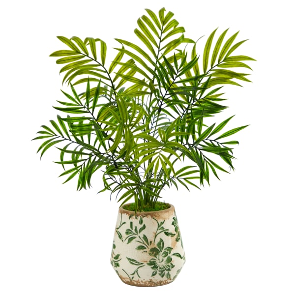 Nearly Natural Mini Areca Palm 18inH Artificial Plant With Vase, 18inH x 18inW x 13inD, Green/White