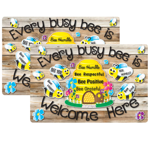 Smart Poly Welcome Mat With Slip Resistant Backing, 15.5in x 23.5in, Bee Hive Theme Values, Pack Of 2