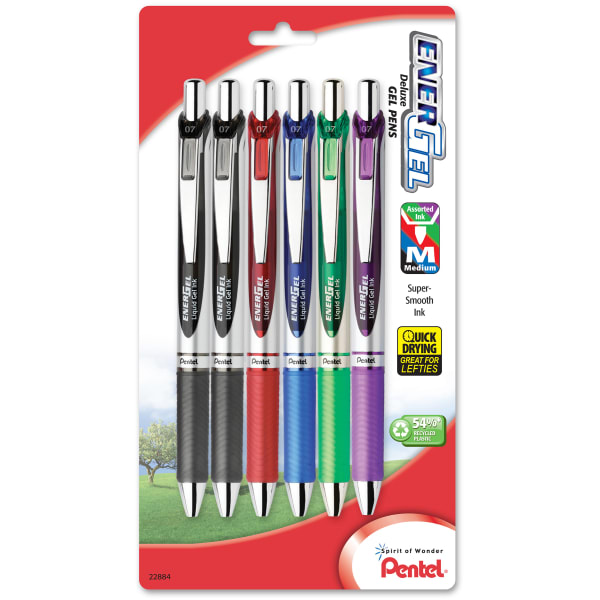 Pentel EnerGel RTX Retractable Liquid Gel Pens, Medium Point, 0.7 mm, 54% Recycled, Silver Barrel, Assorted Ink Colors, Pack Of 6 Pens