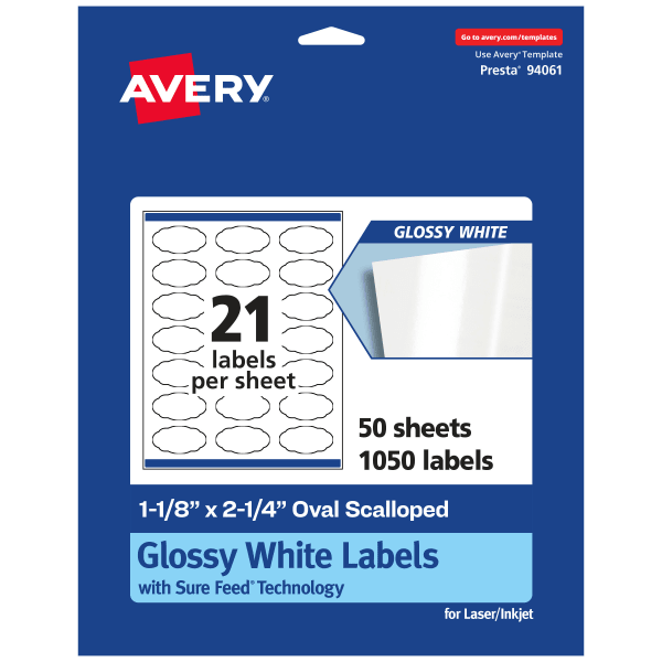 Avery Glossy Permanent Labels With Sure Feed, 94061-WGP50, Oval Scalloped, 1-1/8in x 2-1/4in, White, Pack Of 1,050
