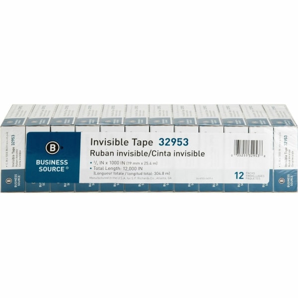 Business Source Premium Invisible Tape Value Pack - 27.78 yd Length x 0.75in Width - 1in Core - Clear - For Multipurpose, Splicing, Mending, Holding - 12 / Pack