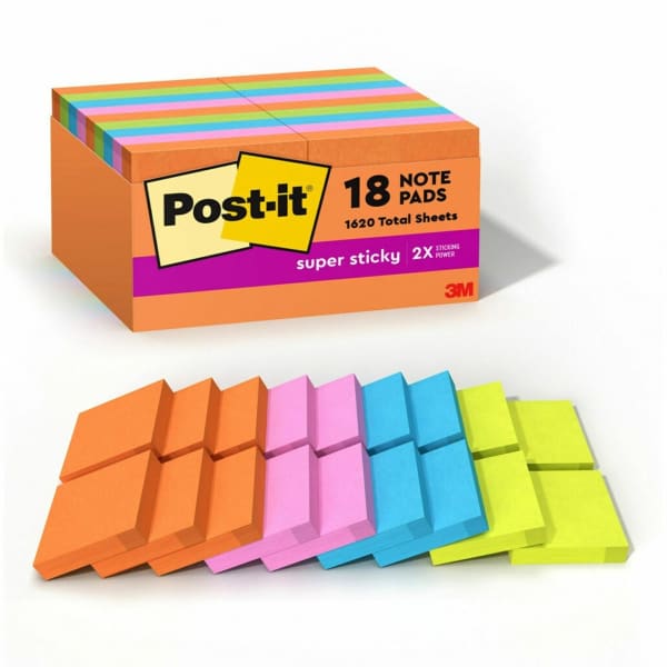 Post-it Super Sticky Notes - Energy Boost Color Collection - 2in Flag/Note Width x 2in Flag/Note Length - Square - 90 Sheets per Pad - Multicolor - Paper - Super Sticky, Adhesive, Recyclable, Residue-free - 18 / Pack
