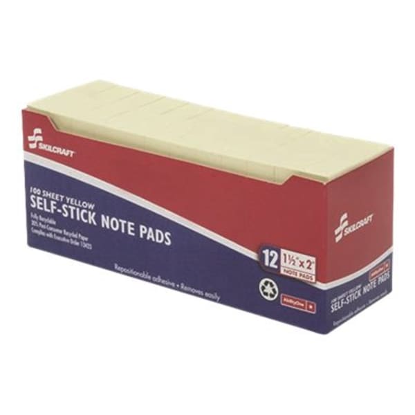 SKILCRAFT Self-Stick Notes, 1200 Total Notes, Pack Of 12 Pads, 1-1/2in x 2in, Yellow, 100 Notes Per Pad