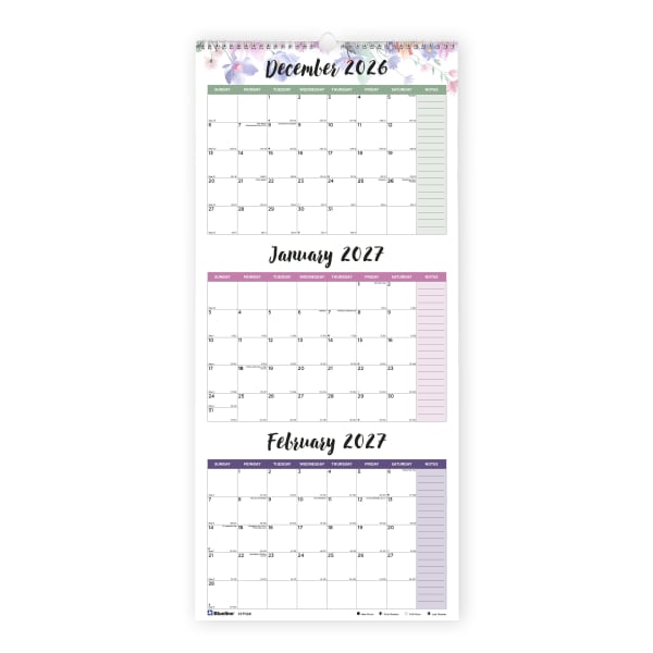 2026-2028 Blueline 3-Month Wall Calendar, 12-1/4in x 27in, Passion, December 2026 To January 2028, C171129, Total Qty 1