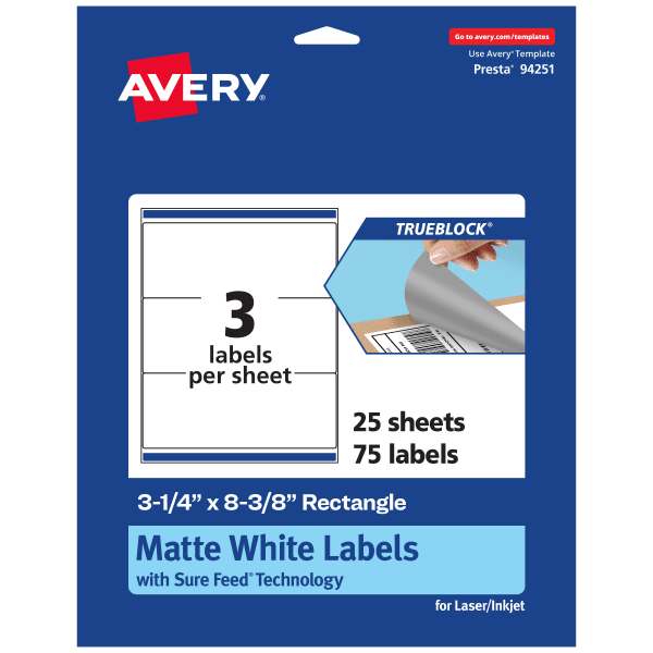 Avery TrueBlock Labels With Sure Feed, 94251-TWMP25, Rectangle, 3-1/4in x 8-3/8in, Matte White, Pack Of 75