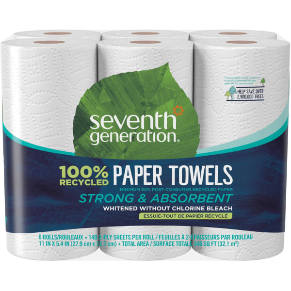 Seventh Generation 100% Recycled Paper Towels - 2 Ply - 11in Width x 5.40in Length - 140 Sheets/Roll - White - Paper - 6 Per Pack - 4 / Carton