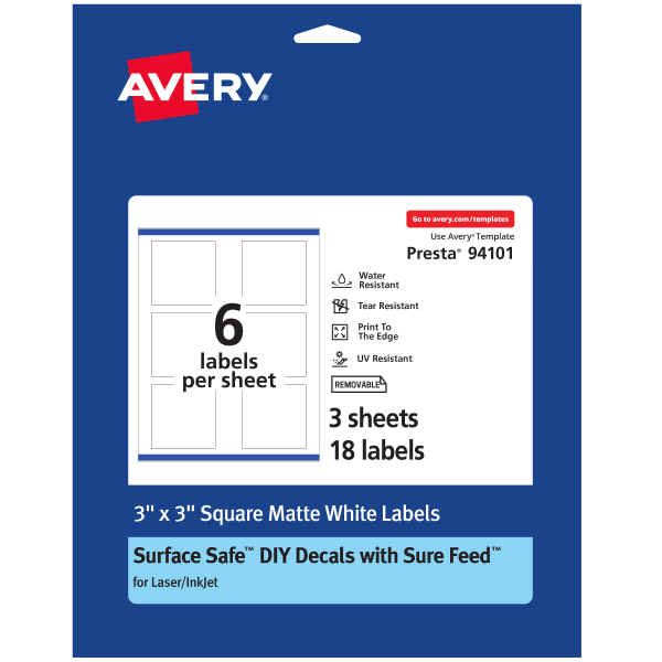 Avery Durable Removable Labels With Sure Feed, 94101-DRF3, Square, 3in x 3in, White, Pack Of 18