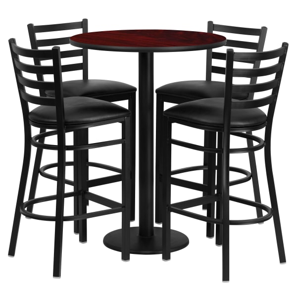 Flash Furniture Round Table And 4 Ladder-Back Bar Stools, 42inH x 30inW x 30inD, Mahogany/Black