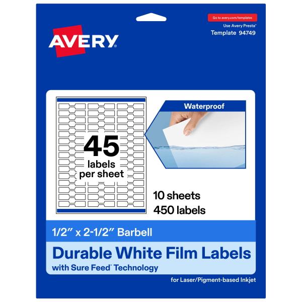 Avery Waterproof Permanent Labels With Sure Feed, 94749-WMF10, Barbell, 1/2in x 2-1/2in, White, Pack Of 450
