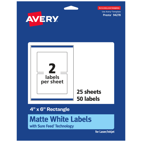 Avery Permanent Labels With Sure Feed, 94278-WMP25, Rectangle, 4in x 6in, White, Pack Of 50