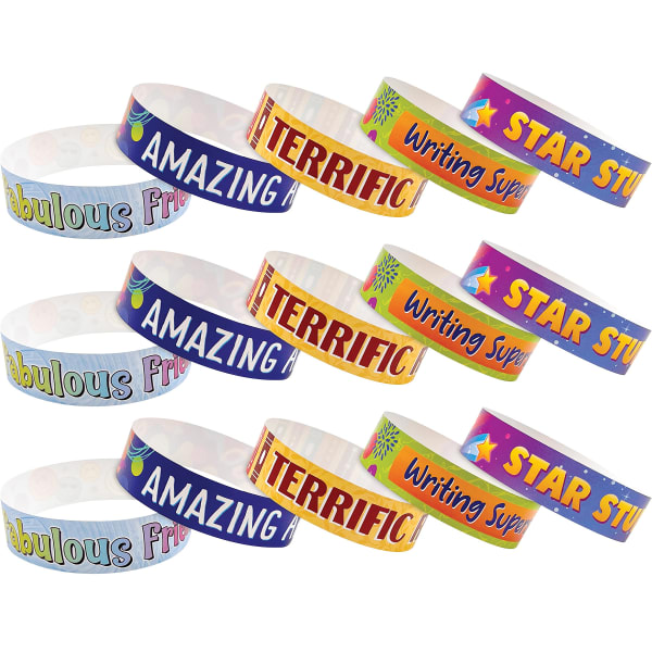 Teacher Created Resources Positive Reinforcement Brag Bracelets, Multicolor, 100 Bracelets Per Pack, Set Of 3 Packs