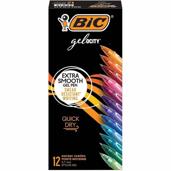 BIC Gel-ocity Gel Pens, Pack Of 12, Medium Point, 0.7 mm, Assorted Ink