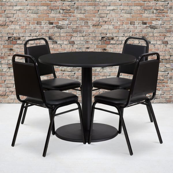 Flash Furniture Round Laminate Table Set With Round Base And 4 Trapezoidal-Back Banquet Chairs, 30inH x 36inW x 36inD, Black