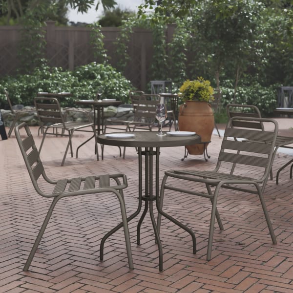 Flash Furniture Bellamy Round Tempered Glass Metal Outdoor Furniture Table, 28inH x 23-3/4inW x 23-3/4inD, Clear/Bronze
