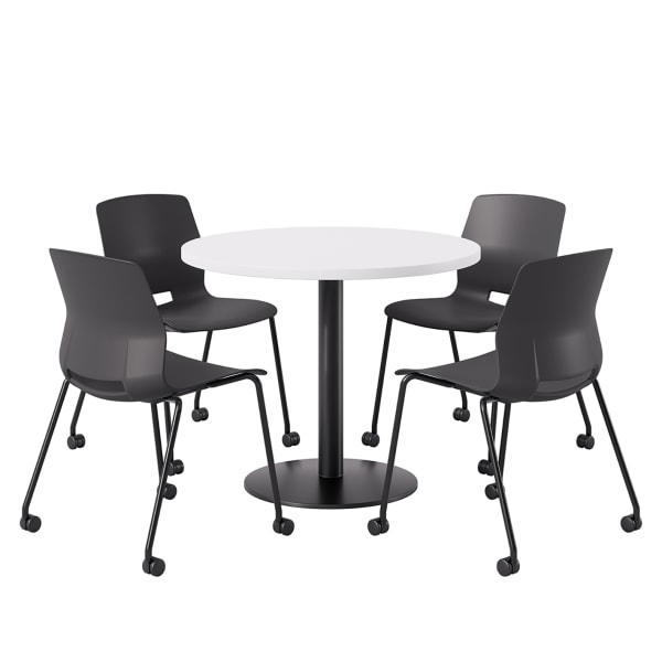 KFI Studios Proof Cafe Round Pedestal Table With Imme Caster Chairs, Includes 4 Chairs, 29inH x 36inW x 36inD, Designer White Top/Black Base/Black Chairs