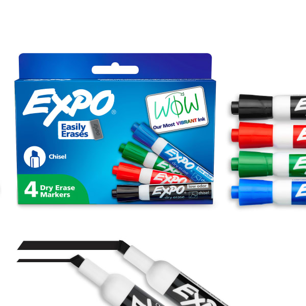EXPO Low-Odor Dry-Erase Markers, Chisel Point, Assorted Colors, Pack Of 4