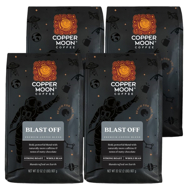 Copper Moon Whole Bean Coffee, Strong Roast, Blast Off High Caffeine Blend, 4 x 2 Lb Bags