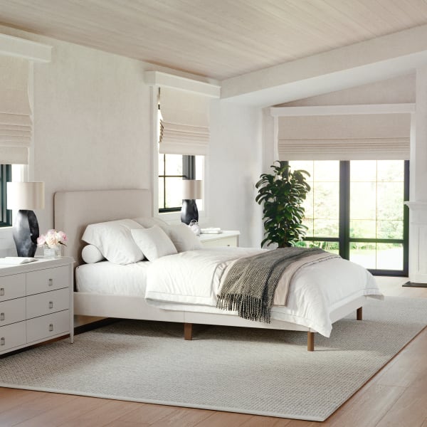 Martha Stewart Britta Upholstered Platform Bed with Rounded Headboard, Piped Detailing and Cushioned Siderails, Wood Slat Bottom, No Box Spring Needed, Beige Fabric/Walnut Legs, Full