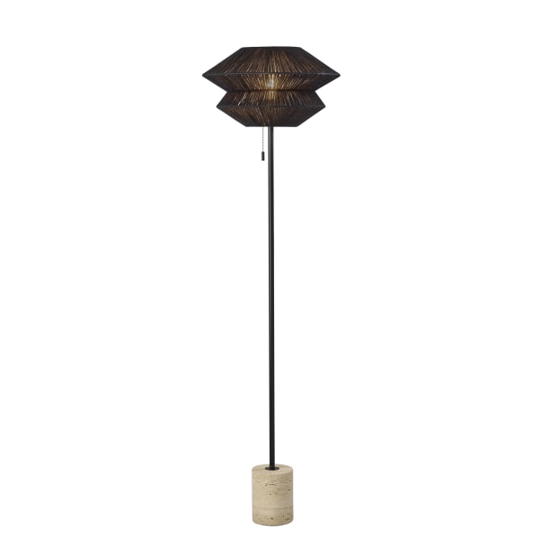 Adesso Gardner Floor Lamp, 63inH, Black Shade/Travertine Base