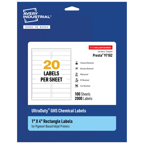 Avery Ultra Duty Permanent GHS Chemical Labels, 97182-WMUI100, Rectangle, 1in x 4in, White, Pack Of 2,000