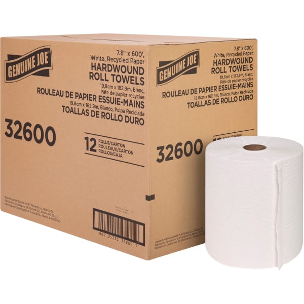 Genuine Joe Hardwound Roll Paper Towels - 7.80in Width x 600 ft Length - 2in Core - Embossed Design - White - Paper - 12 / Carton