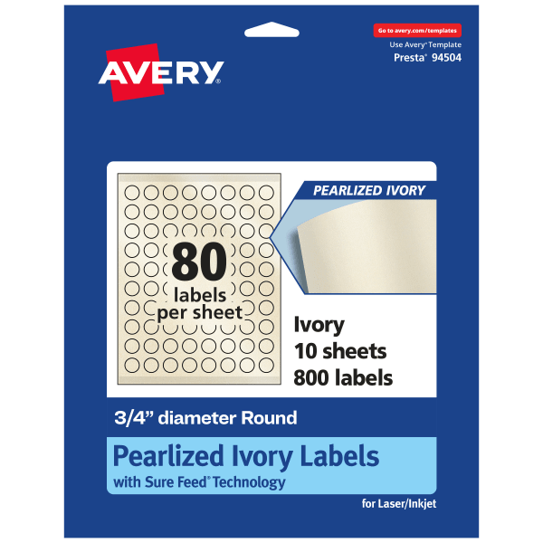 Avery Pearlized Permanent Labels With Sure Feed, 94504-PIP10, Round, 3/4in Diameter, Ivory, Pack Of 800 Labels